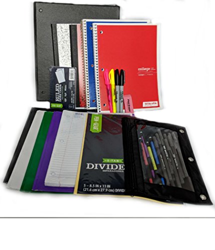 Complete 33 Item Back to School Supplies- College Bundle - Binder, Binder Pouch, Tabs, 10 Pens, 5 Mechanical Pencils, 2 Composition Notebooks, 2 Spiral Notebooks, 4 Folders, Paper, 2 Permanent Markers, 2 Highlighters, Note Cards, Eraser