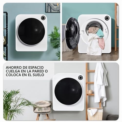 Genérico Secadora de Acero Inoxidable, Máquina Secar Ropa Pequeña, Triple Filtro, 5 Programas, Protección contra Sobrecalentamiento, Montable en Pared