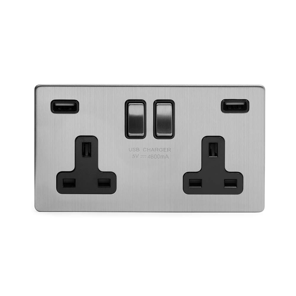 The Soho Lighting Company Black Soho Lighting Brushed Chrome 13A 2 Gang Dp Fast Charge 4.8Amp Usb Double Plug Socket Insert Screwless