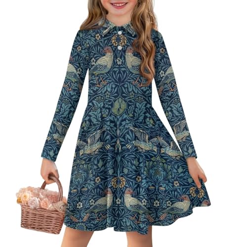 Floral Print Long Sleeve Polo Dress for Girls Flowy A Line Midi Swing Pleated Dresses for School,Playing,Holiday