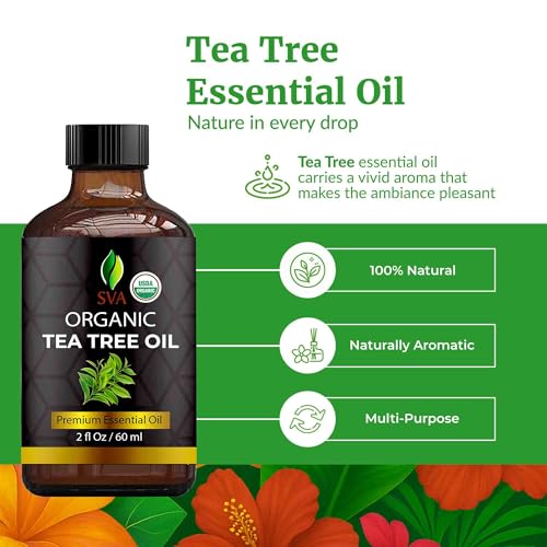 Image of SVA Organic Tea Tree Essential Oil with Dropper, 2 Fl Oz (60 ml) | Tea Tree Oil for Hair, Scalp, Face, Skin Care, Nail Care, Diffuser, Humidifier, Soap Making & DIY Blending in Glass Bottle
