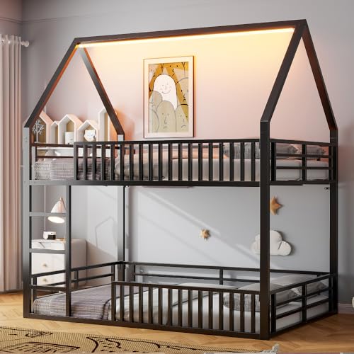Wyibwy Litera Montessori de metal para niños con luz LED, 140 x 200 cm, con forma de casa y somier de láminas, cama alta de matrimonio con escalera y riel, sin colchón, color negro