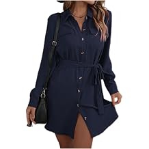 Women Long Sleeve Shirt Dress, Belted Button Down Mini Dress with Pockets, 5 Colors