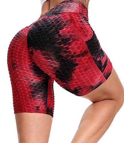 CROSS1946 Tie Dye Textured Shorts Scrunch Butt Push Up Booty with Side Pockets #2 Texture Pocket-Tie Dye Wine Red,L