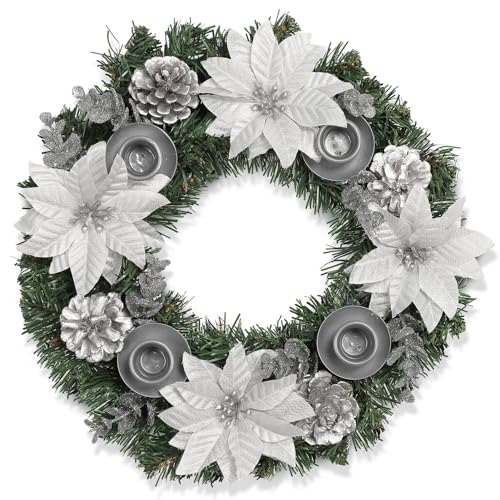 GAOMON 13" Christmas Advent Wreath Candle Holder, Silver Xmas Wreaths for Table Centerpiece, Advent Wreath with Candle Holder and Artificial Flower Pinecones for Christmas Decoration