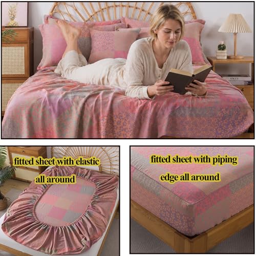 Image of FADFAY Queen Sheets Set 100% Cotton Washed Double Gauze Muslin Bedding 4Pcs Boho Patchwork Checkered Floral Sheets Shabby Geometry Farmhouse Bedding Super Soft Deep Pocket Fitted Sheet, Queen Size