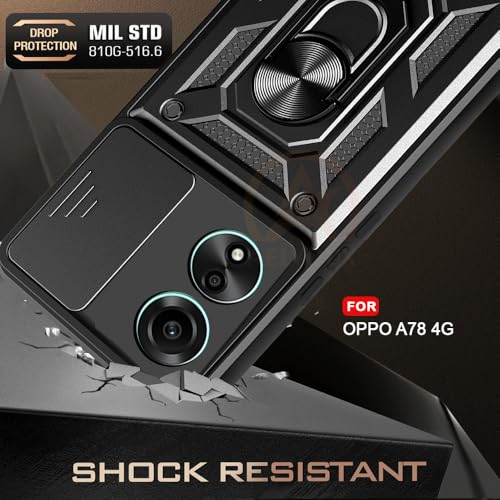 Image of Armor Bumper Back Cover Case for Oppo A78 4G Rotating Camera Cover, Ring Holder & Kickstand | Heavy Duty & 360 Degree Protection Oppo A78 4G Back Cover (Black)