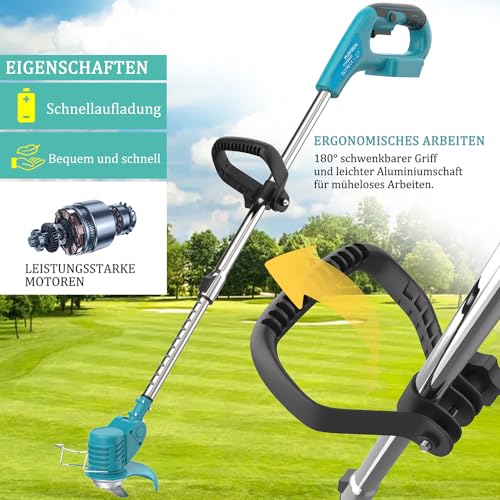 Akku Rasentrimmer, mit 2X 3000Ah Akku,10x Metallklingen,2X Sägeblättern, mit 90° drehbarer Trimmerkopf, für Rasenflächen, Gärten