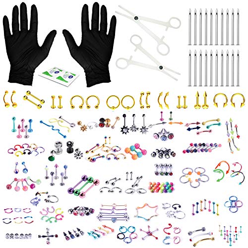 BodyJ4You 156PC Body Piercing Kit Lot 14G 16G Goldtone Belly Ring Tongue Tragus RANDOM Mix Jewelry