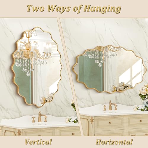 Image of Oval Wavy Wall Mirror -Irregular Wall Mirror with Gold Asymmetrical Aluminum Alloy Frame,22 inchx30 inch Decorative Wall Mirrors for Bathroom, Bedroom, Living Room, Dining Room,Entryway