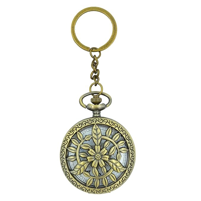 Image of AUGEN Premium Pocket Watch Metal Keychain Flower 4 Retro Vintage for Gifting With Key Ring Anti-Rust (Pack Of 1)