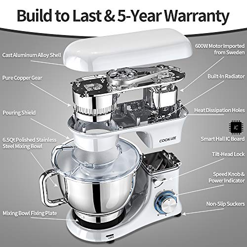 All-Metal Cooklee Stand Mixer, 6.5Qt Kitchen Electric Mixer With Dishwasher-Safe Dough Hooks, Flat Beaters, Whisk & Pouring Shield Attachments For Most Home Cooks, Porcelain White #TOP1