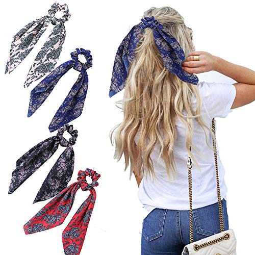 AWAYTR Chiffon Ponytail Hair Scarf Scrunchies - 4 Packs Flower Cashew Leopard Ripple Point Elastic Hair Ties Bow for Women (Pink+Black+Navy Blue+red)