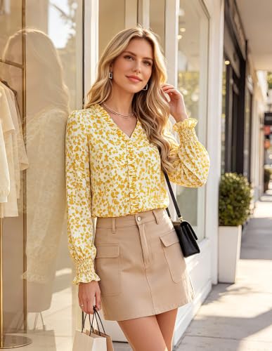GRACE KARIN Womens Long Sleeve Boho Tops Ruffle Work Blouses Yellow L - image 3