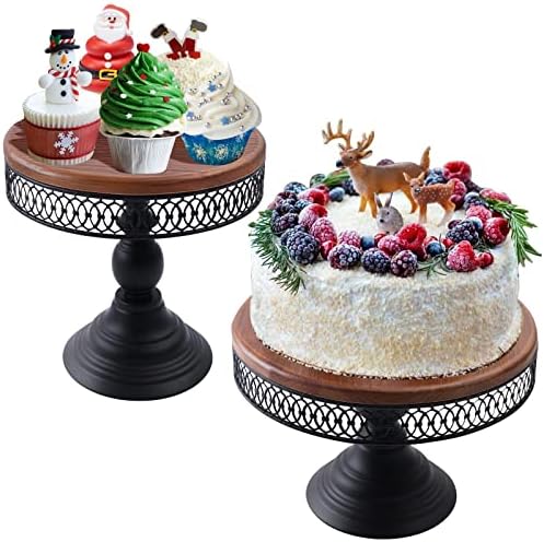 weharnar Cake Stand Set Black, 10 and 12 Inch Dessert Stands for Dessert Table, Candy Pastry Cupcake Stand, Wooden Metal Cake Tray Set for Wedding Birthday Party