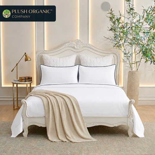 Image of Queen Luxury 4 Piece Bedsheet Set by Plush Organic Company, White with Navy Piping, Viscose (Rayon) derived from bamboo, Organically grown, Ultra Soft with17 inch Deep Pockets, 300 Thread Count