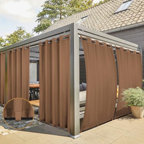 Cortina para Exterior 2 Piezas Cortinas Exteriores Impermeable Protección Solar, Cortinas para Balcones Pérgolas con Ojales, Cortinas con Trabillas en La Parte Inferior (213 x 132cm, Marrón)