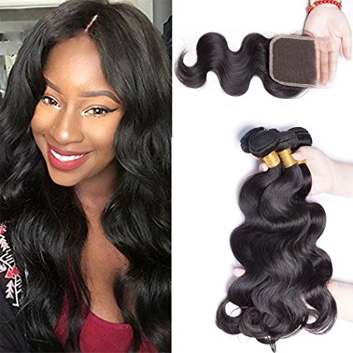 Maxine 9a Grade Peruvian Virgin Hair Body Wave Human Hair 3 Bundles with 4x4 Lace Closure 100% Unprocessed Hair Extensions Natural Color (20 20 22 with 18)