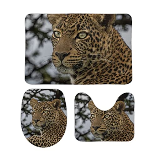 Badezimmer Badematte 3 Teilig Set,3D Tierischer Leopard Saugfähige Teppich,WC-Deckelbezug,U-Förmige Matte 3-Teiliges… – Bild 3