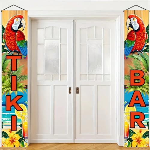 Image of Tiki Bar Banner for Luau Party Decorations with Parrot and Tropical Cocktails Summer Beach Backdrop Sign Outdoor Aloha Hawaiian Porch Welcome Decor 71x12 Inch