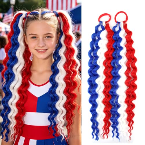 Red White Blue Curly Ponytail Extensions 4th of July Fashion Color Curly Synthetic Ponytail With Rubber Band for Women & Teens Daily Festival Party Halloween Crazy Days Hair Pieces 2pcs/lot