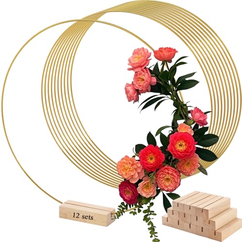 LOSYHU 12 Pack Metal Floral Hoop Centerpiece with Stand, 12 Inch Large Gold Metal Hoops for Crafts, Smooth Wreath Macrame Rings for DIY Wedding Decorations Dream Catchers