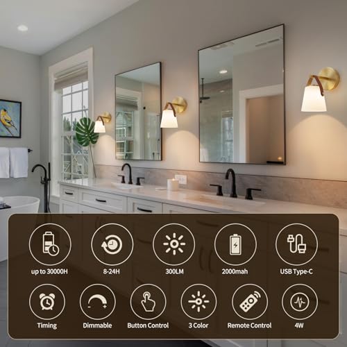 Image of Battery Operated Frosted Glass Wall Sconces Set of Two, Rechargeable Wall Lamp 3 Color Temp & 12 RGB Colors Wireless Battery Powered for Bedroom Living Room with Remote