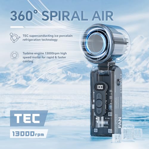 Image of Portable Handheld Fan with Cooling Plate for Personal Travel | Small Turbo Cooler with Lanyard, LED Flashlight for Camping Outdoor, High Speed Cold Air, Rechargeable Foldable Desk Item