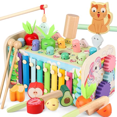 Image of Lterfear 10 in 1 Montessori Toys for Toddlers, Wooden Hammering Pounding Toy with Whack A Mole Game, Xylophone, Fishing and Fruit Recognition Baby Brithday for Toddlers