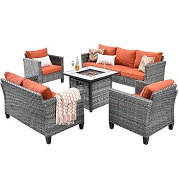 Alternative view of XIZZI Patio Furniture Sets Outdoor Conversation Sofa 5 Pieces 50000 BTU Gas Propane Fire Pit Table All Weather Wicker Couch with Loveseat,Patio Chairs and 2 Pillows,Grey Wicker Orange Red