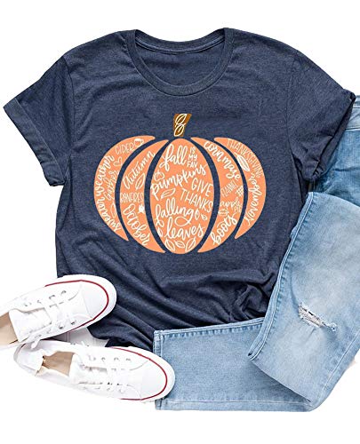 Ykomow Fall Pumpkin Shirts Womens Casual Autumn Thanksgiving Graphic Tees Halloween Tops (XL, Navy)