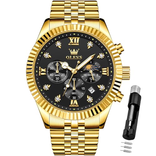 Image of OLEVS Mens Watches Chronograph Luxury Dress Moon Phase Quartz Stainless Steel Waterproof Luminous Business Calendar Wrist Watch