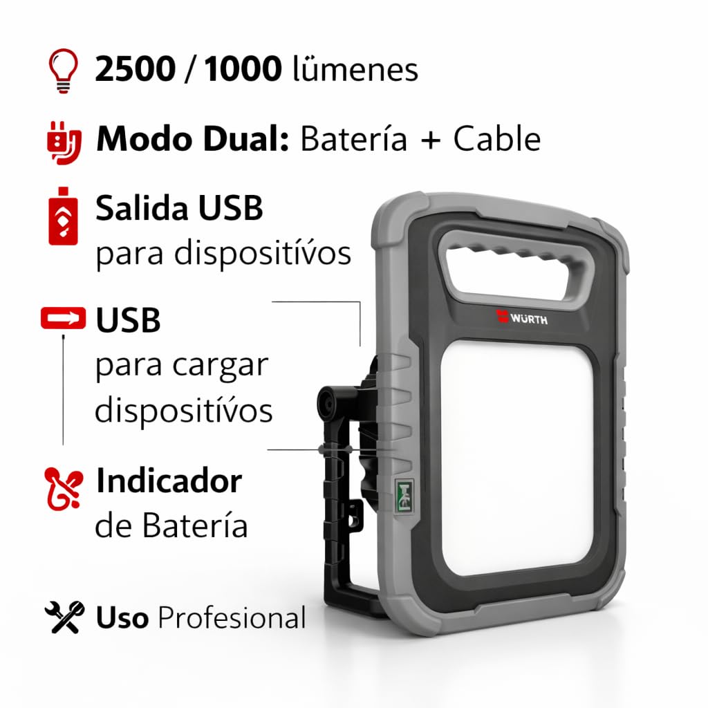 WÜRTH Luz de Trabajo LED Profesional 25W Ergopower Dual, Foco Portátil Recargable 2500 lm, Batería + Cable 3 m, Cargador para Coche 12/24V, USB Powerbank, Ideal para Taller y Obra (25, Vatios)