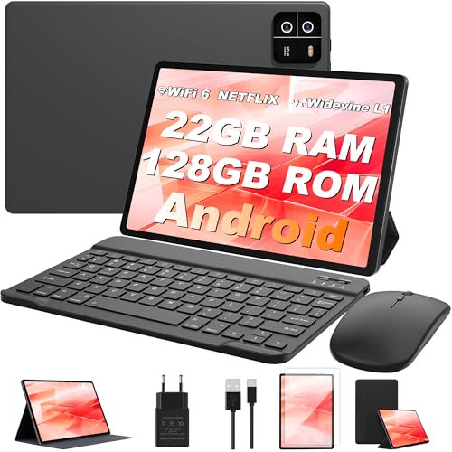 MIRGAMO Tablet 10 Zoll Android 14,Tablets 22GB RAM+128GB ROM(1TB TF) Widevine L1,5G+2.4G WiFi, Octa-Core,GMS,BT 5.0, 8000mAh, 16MP+8MP,1920 * 1200Face ID, GPS,Tablet PC mit Tastatur+Maus-Grau