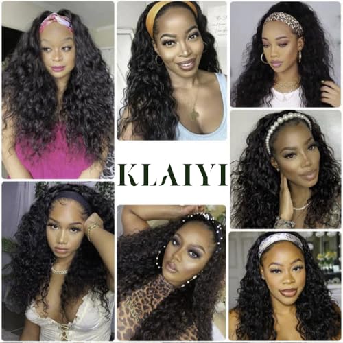 Image of KLAIYI Human Hair Water Wave Curly Non Lace Front Wigs for Black Women, Deep Wave Glueless Wear and Go Half Wig, 30S Ready to Go Wig with Band, Beginner Friendly, 20Inch