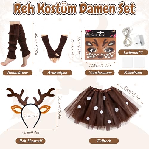 GEVECORI Reh Kostüm Damen, Karneval Kostüm mit LED Brauner Tüllrock, Rentier Haarreif Reh Gesichtstattoo, Beinwärmer Armstulpen, Faschingskostüme für Fasching, Karneval Weihnachtskostüm