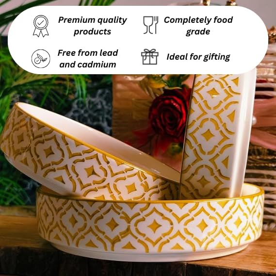 Image of Niyara Stoneware Handmade Ceramic Stylish Premium Serving Bowls /Salad Tray Microwave Dishwasher Safe (Golden Salad Bowl Set of 3)