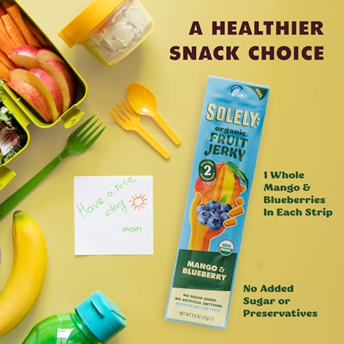 Image of SOLELY - Organic Mango Blueberry Fruit Jerky - 12 Individually Wrapped Strips - Fruit Leather Made from Dried Fruit - Healthy Snacks for Adults & Kids - Non GMO, Vegan Snacks - 0.8oz (23g)