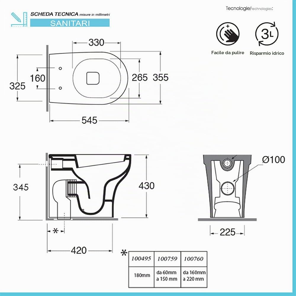Inbagno Sanitari Filo Muro Rimless con Scarico traslato, in Ceramica Bianca Lucida Serie Pratica, Sedile Copri WC Incluso