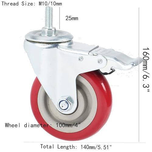 Miniatura 6 de Ruedas giratorias, ruedas de doble bloqueo resistentes con ruedas de poliuretano rojas, silenciosas y sin marcas con varillas de rosca métrica