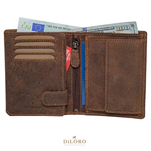 Diloro Full Size Mens Wallets Italy Bifold Flip Id Leather Wallet Vertical Slots Coin And Zip Compartment Rfid Blocking (Dark Hunter Brown) #TOP1