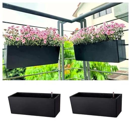 LaLaGreen Deck Railing Planters (14 Inch, 2 Pack) Black Rectangular Window Flower Box with Bracket, Self Watering System Hanging Planter Boxes for Outdoor Plant Pots Container Rail Fence Balcony Herb