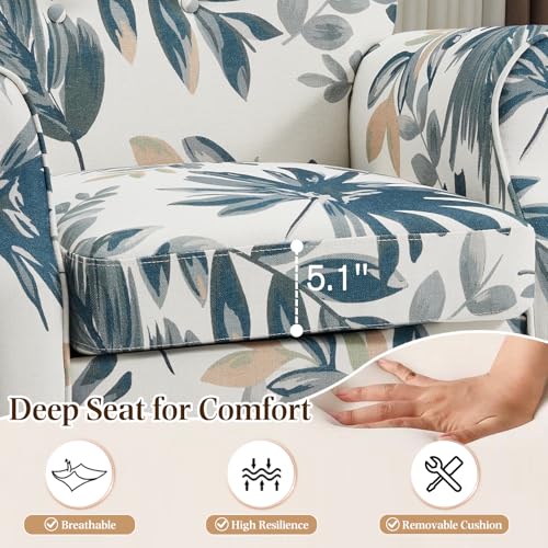 YOLENY Modern Accent Chair,High Back Armchair,Upholstered Fabric Button Single Sofa with Wooden Legs for Living Room,Bedroom,Blue Leaves - Image 5