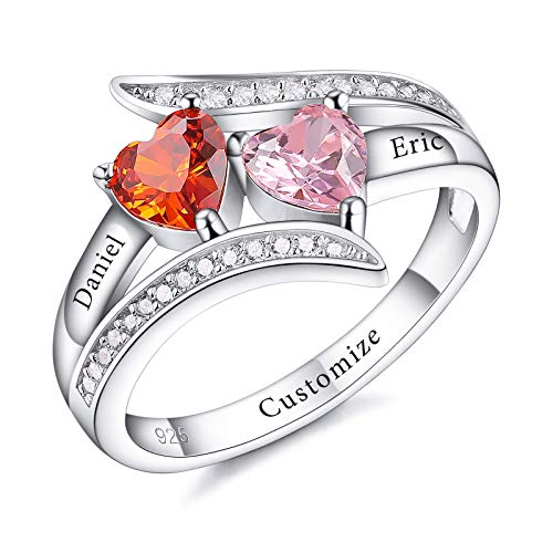 VIBOOS Personalized 925 Sterling Silver Promise Ring Engraving 2/3/4 Names Rings Custom Text with Birthstones for Women Girls Engagement Wedding Set BBF Name Rings Mom Jewelry