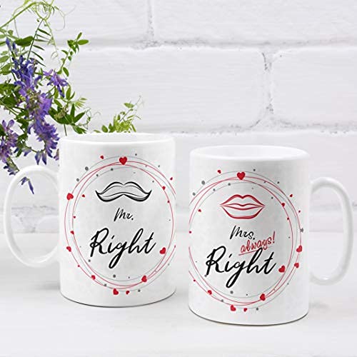 Mr. Right and Mrs. Always Right Microwave Safe White Ceramic Coffee Mug (350 Ml) Gift for Husband Wife Hubby Wifey Lovers Couples Girlfriend Boyfriend Gf Bf Men Women Boys Girls Mr. & Mrs.