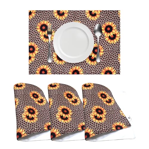 Image of Dining Table Mats Set of 4 - Sunflower Animal Print Theme,Digital Print, Washable, Indoor /Outdoor, Heat-Proof, Wipe & Clean (47X33 cm) Yellow & Brown