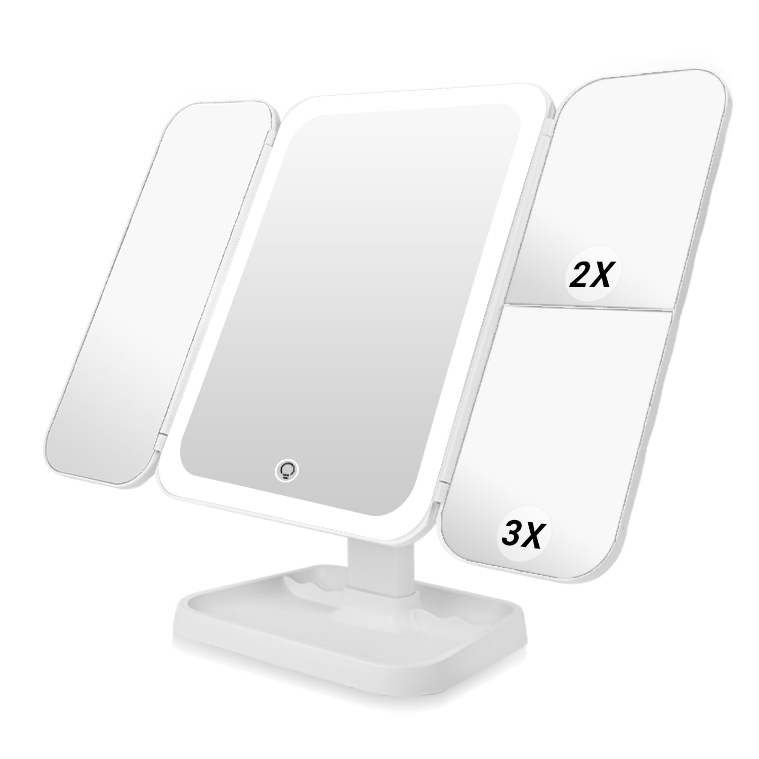 Auxmir Espejo Maquillaje con Luz, 52 Leds Espejo 1X/2X/3X Aumento, 2000mAh Espejo Tríptico Recargable, con Pantalla Táctil Ajustable USB, 3 Colores de Luz, 180° Giratorio, Blanco