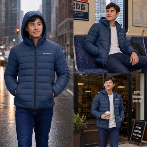Image of Spyder Puffer Jacket Men - Packable Lightweight Quilted Hooded Winter Coat