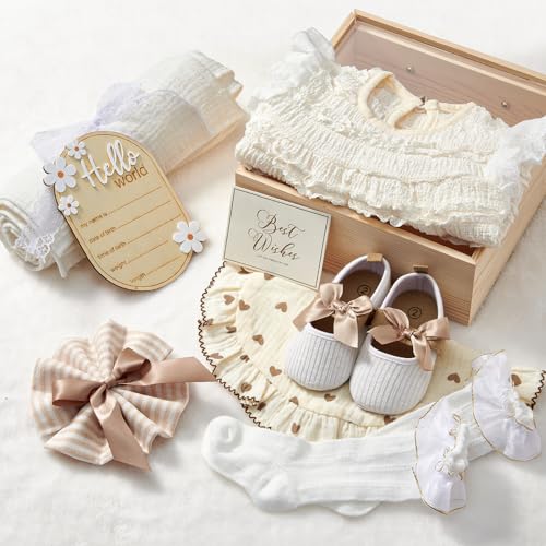 Golray Wooden Baby Gift Basket Newborn Girls Baby Shower Gifts Cloth Set with Bodysuit/Soft Shoes/Socks/Blanket/Bib/Headband/Wood Milestone, New Born...
