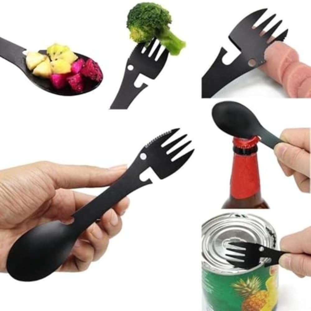 5-in-1 Camping Utensils Cutlery Stainless Steel Camping Fork K Nife Spoon Bottle Opener Set Multifunctional Camping Flatware